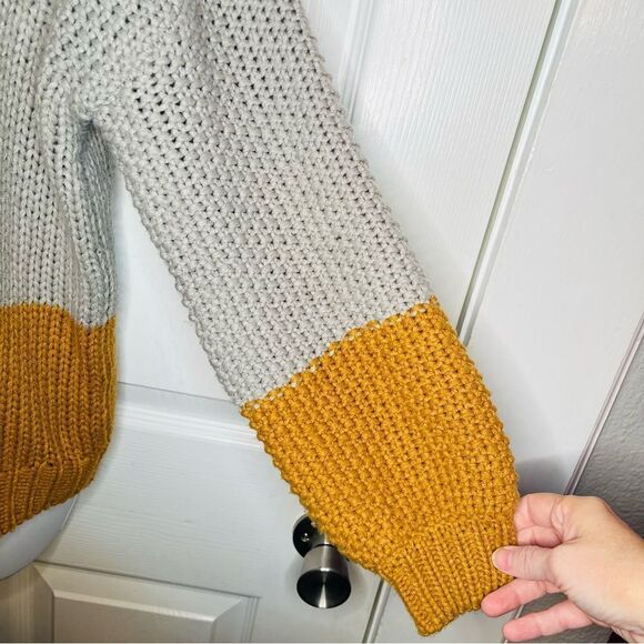 Elodie CrewNeck Colorblock Chunky Knit Sweater Balloon Sleeve Gray Mustard S - Picture 7 of 13